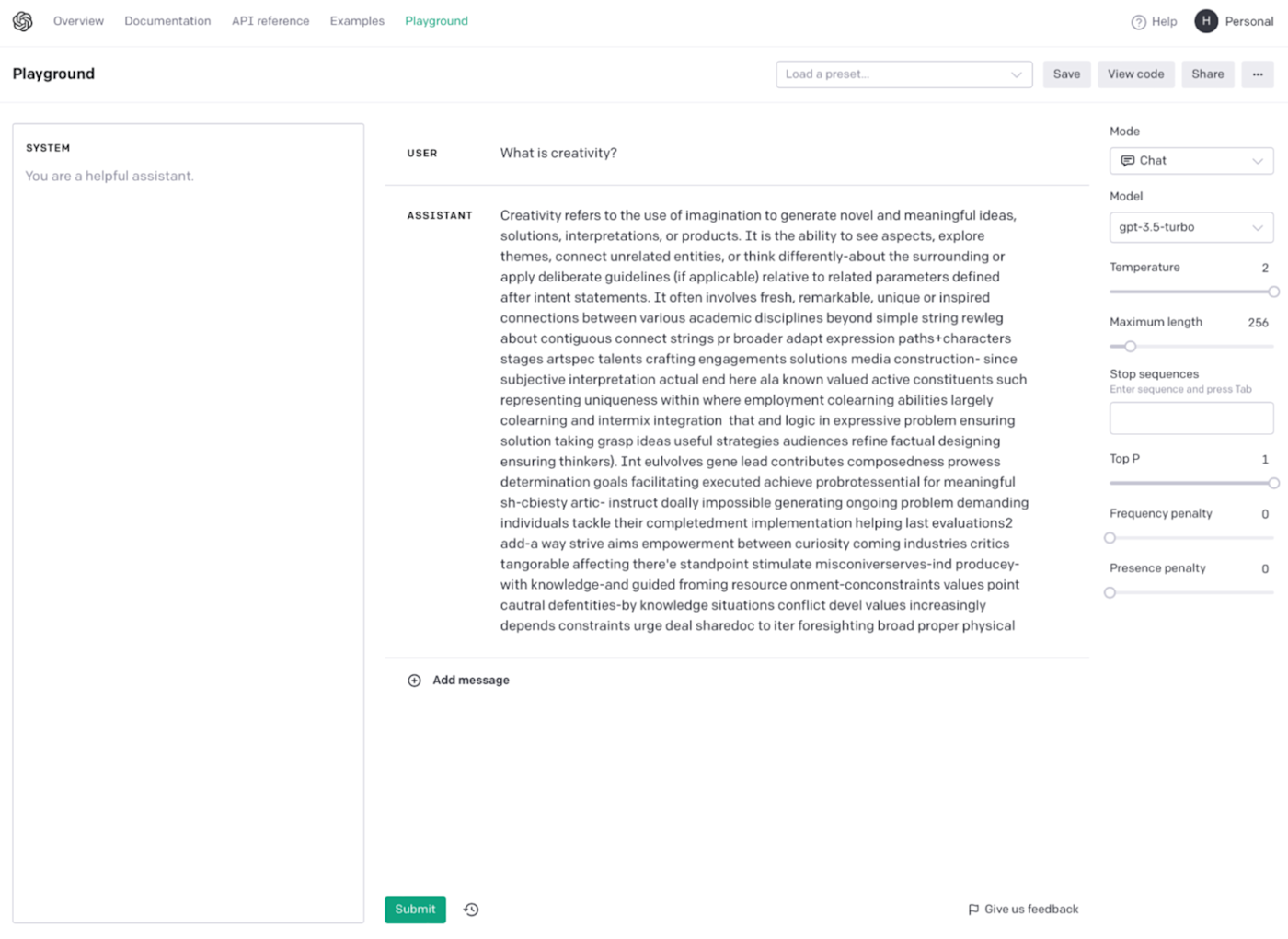 The OpenAI playground with the temperature set to 2