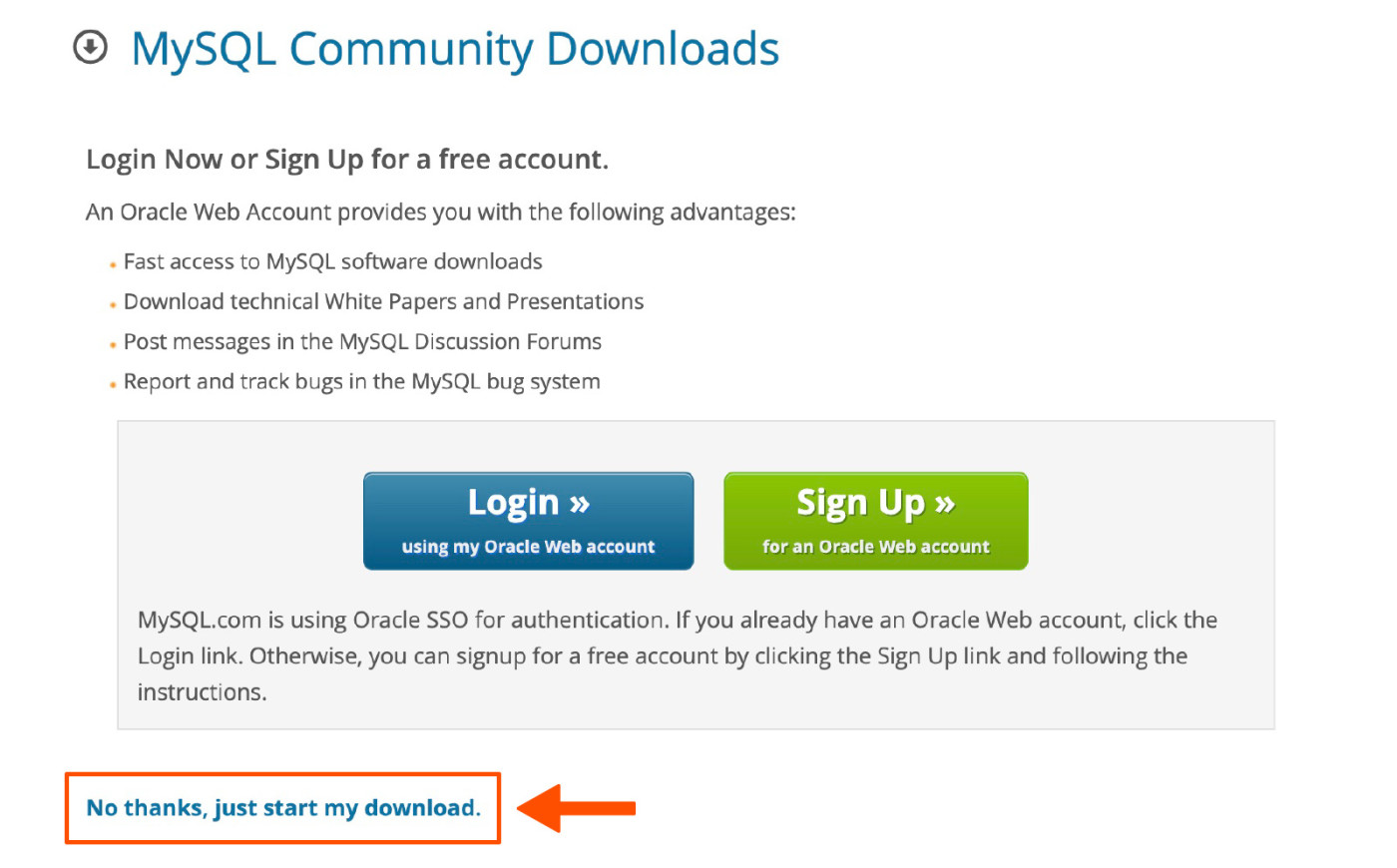 Screenshot showing how to skip sign up when downloading MySQL Community Server.