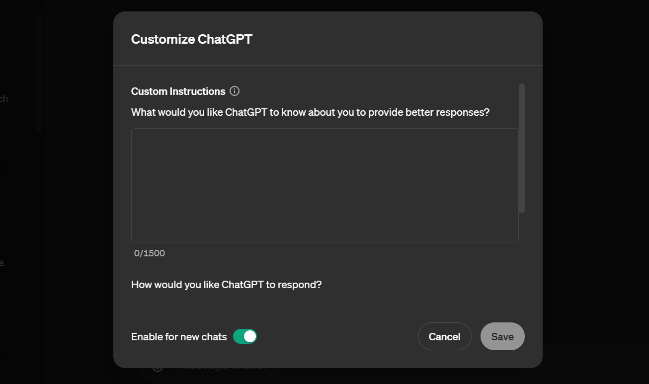 Custom instructions popup in ChatGPT.