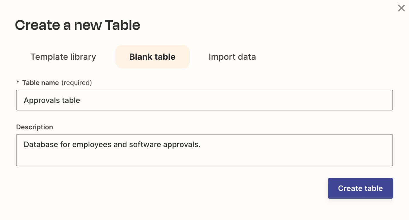 Screenshot of approvals table
