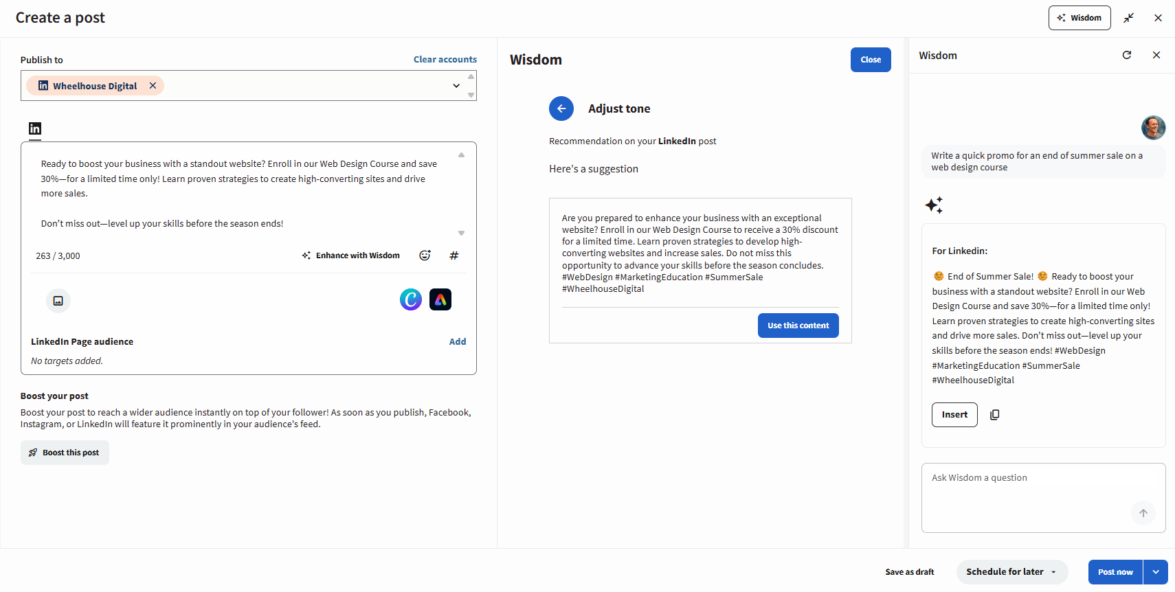 Creating a post with Wisdom AI in Hootsuite