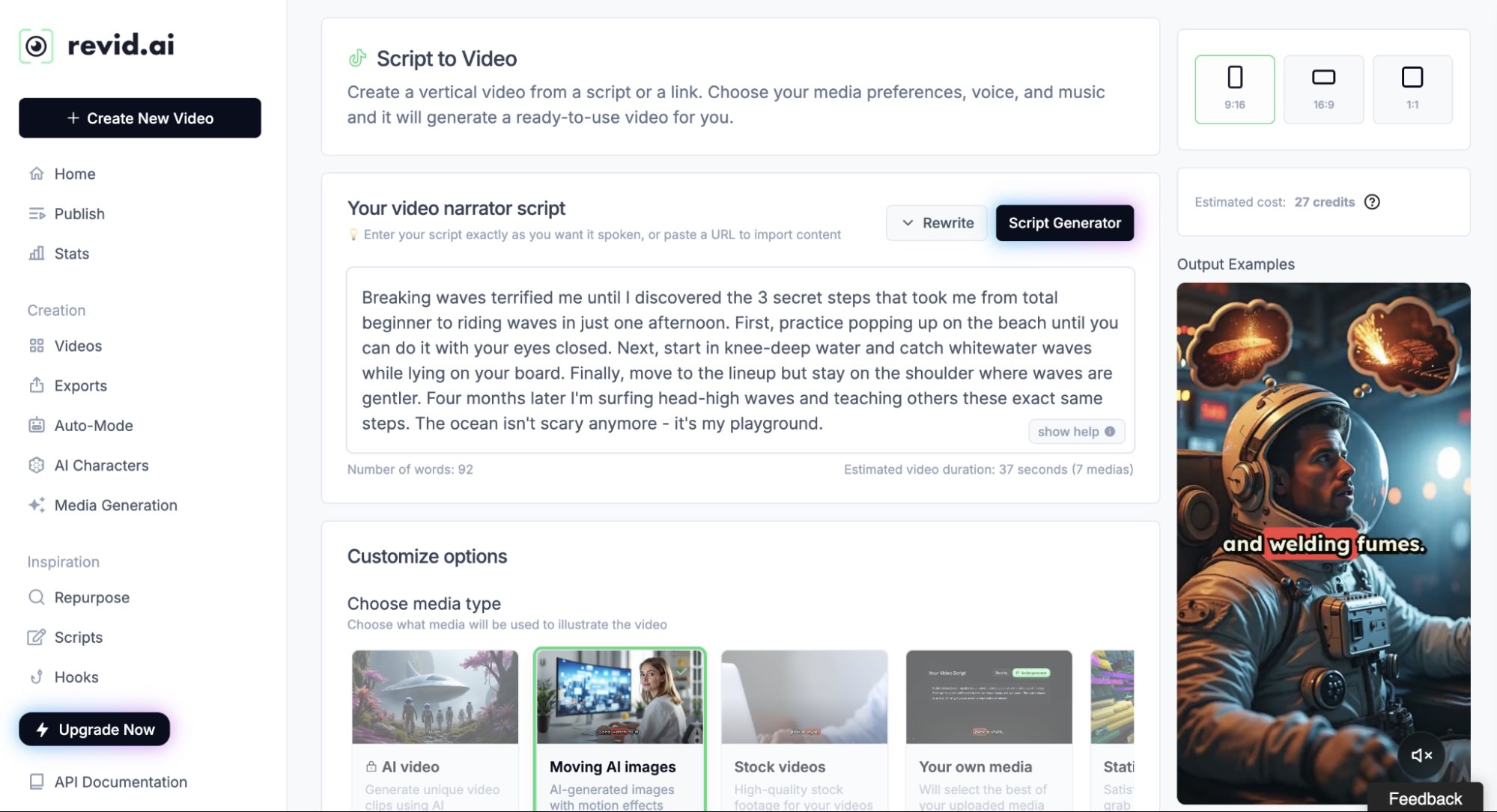 revid.ai, our pick for the best AI video creator for AI-powered templates