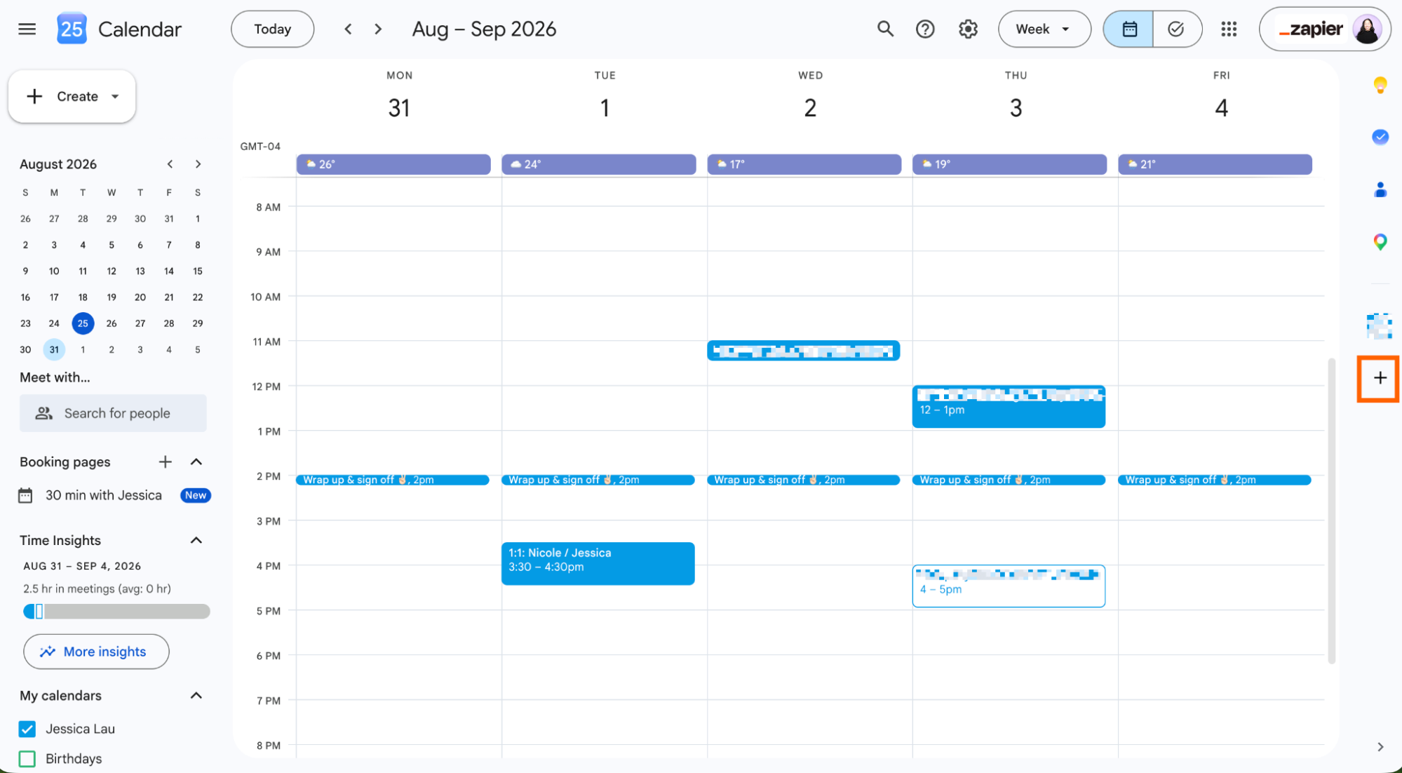 Google Calendar with the get add-ons icon highlighted in the right side panel.