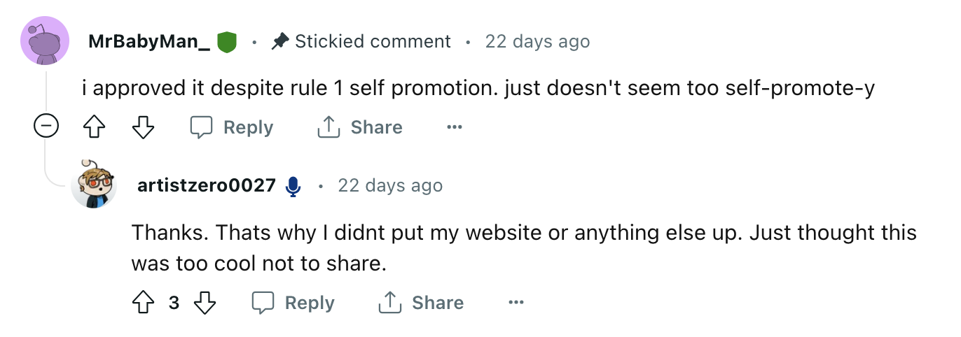 A moderator on Reddit saying that something isn't too self-promote-y