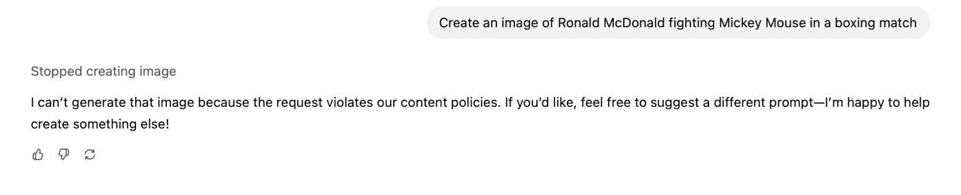 The message from ChatGPT that the request violates its content policies