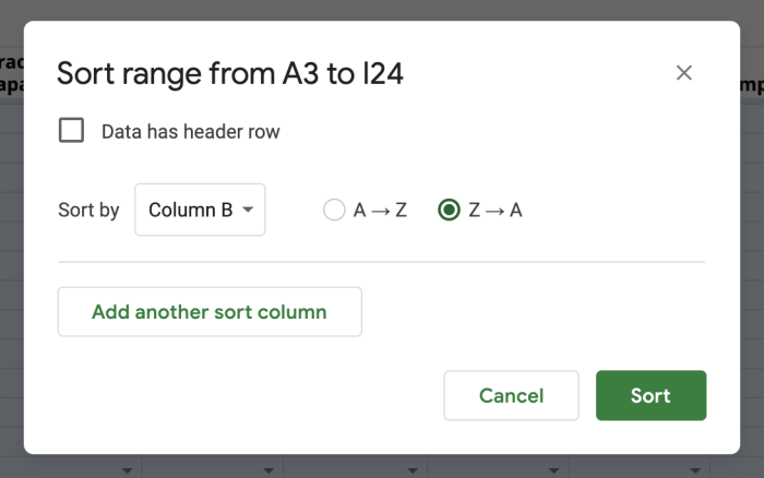 Sorting a range in Google Sheets