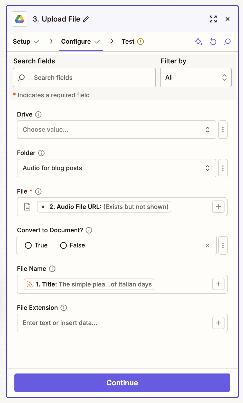 The configuration of a Google Drive action step