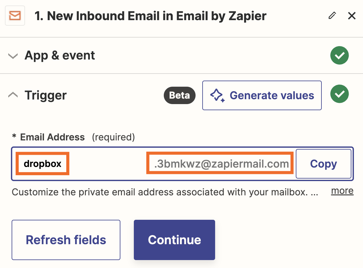 An email address field with orange boxes around "dropbox" and the final part of an email address.