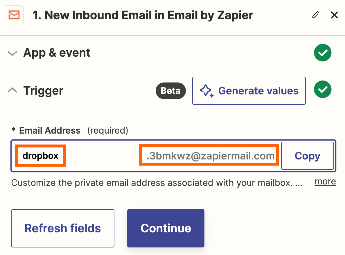 An email address field with orange boxes around "dropbox" and the final part of an email address.