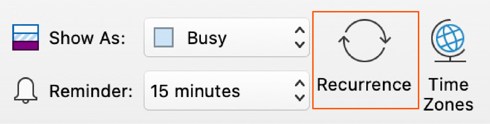 Screenshot showing where the recurrence button is in Outlook.