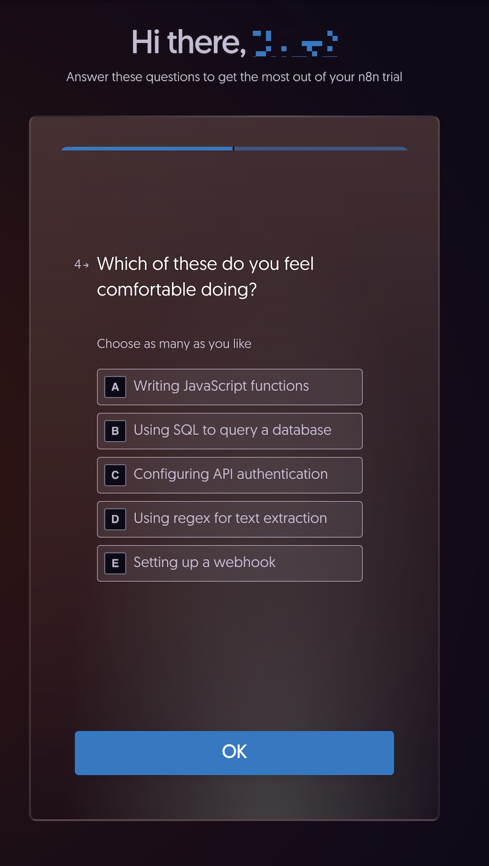 An onboarding question from n8n, asking a question about technical expertise