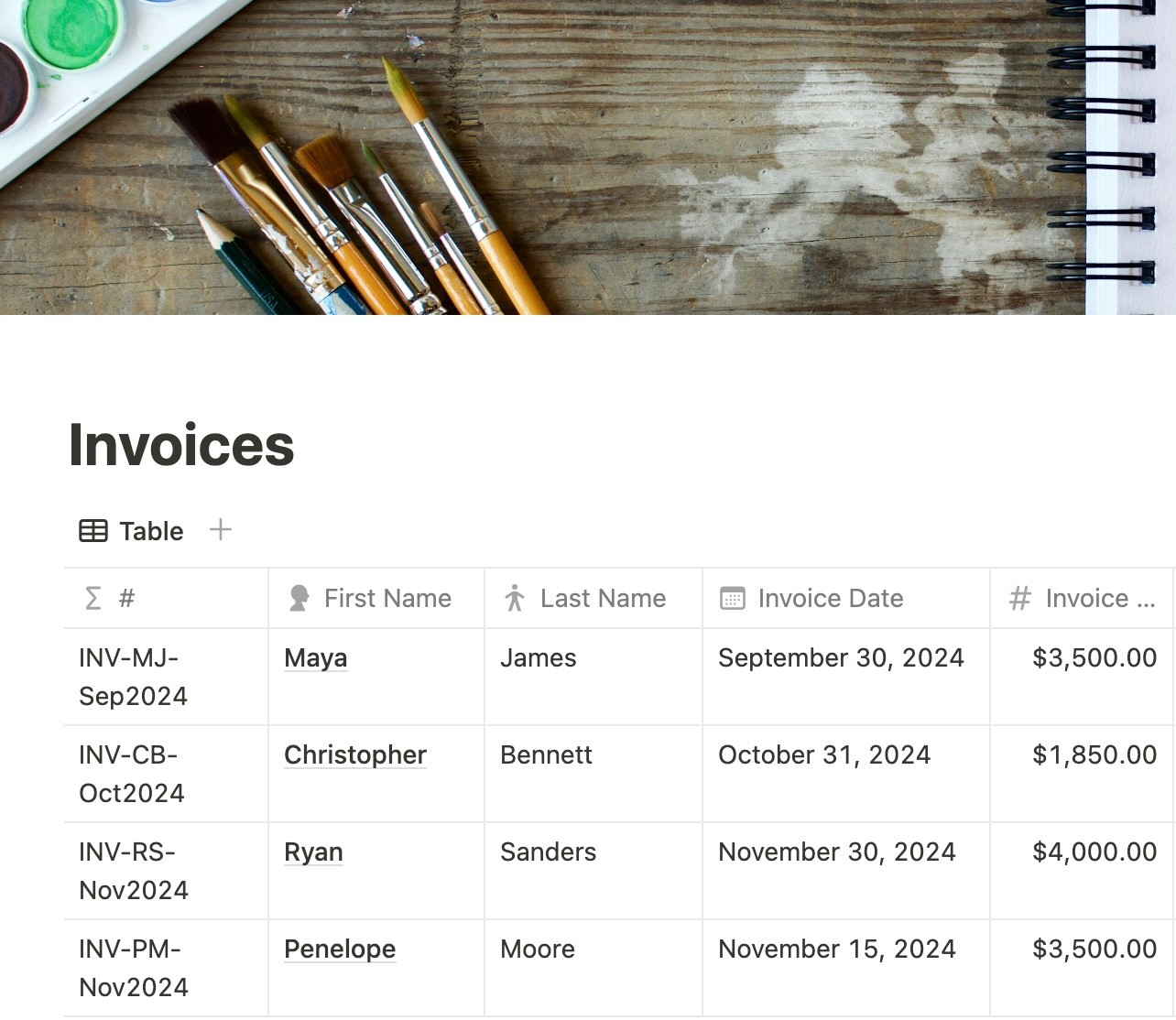 Nadira's Invoices database in Notion