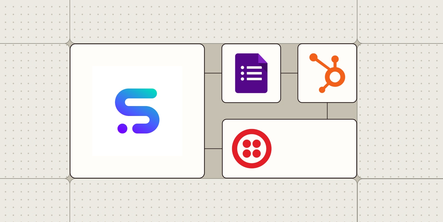 The Synthflow AI logo connected to the logos for Google Forms, HubSpot, and Twilio