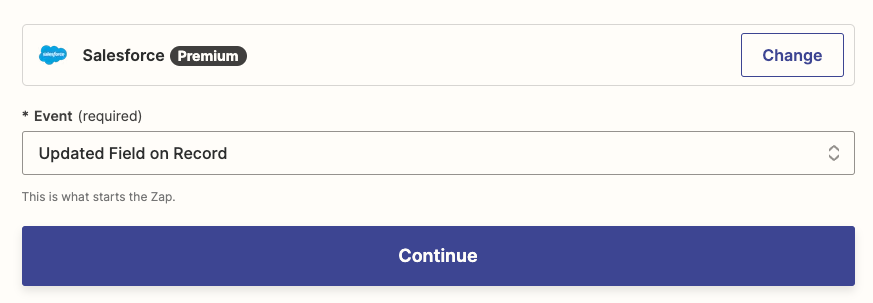 Select the Salesforce app and Updated Field on Record event for the Zap's trigger.