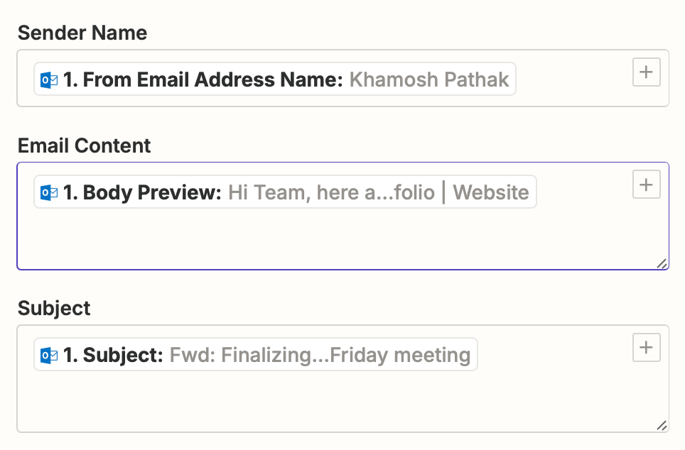 Email fields in the Zap editor for sender name, email content, and subject.