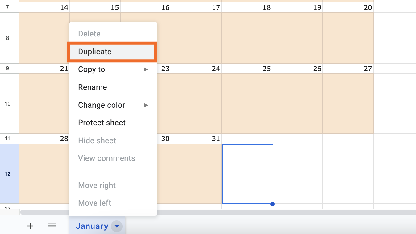 Screenshot showing how to duplicate tabs in Google Sheets.