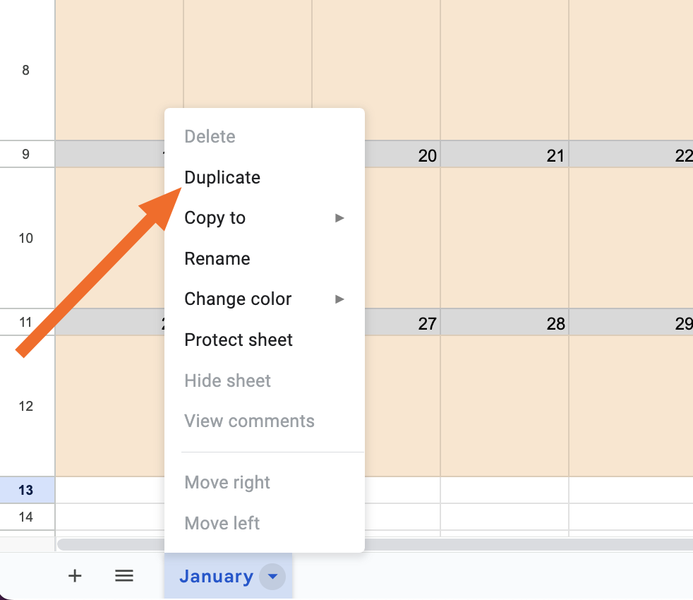 Screenshot showing how to duplicate tabs in Google Sheets.