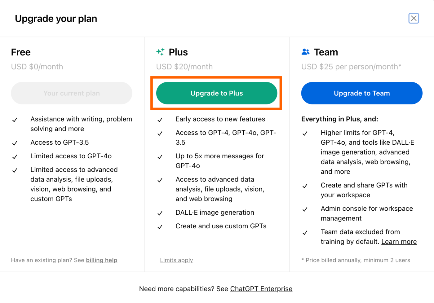ChatGPT plan options: free, Plus, and Team. 