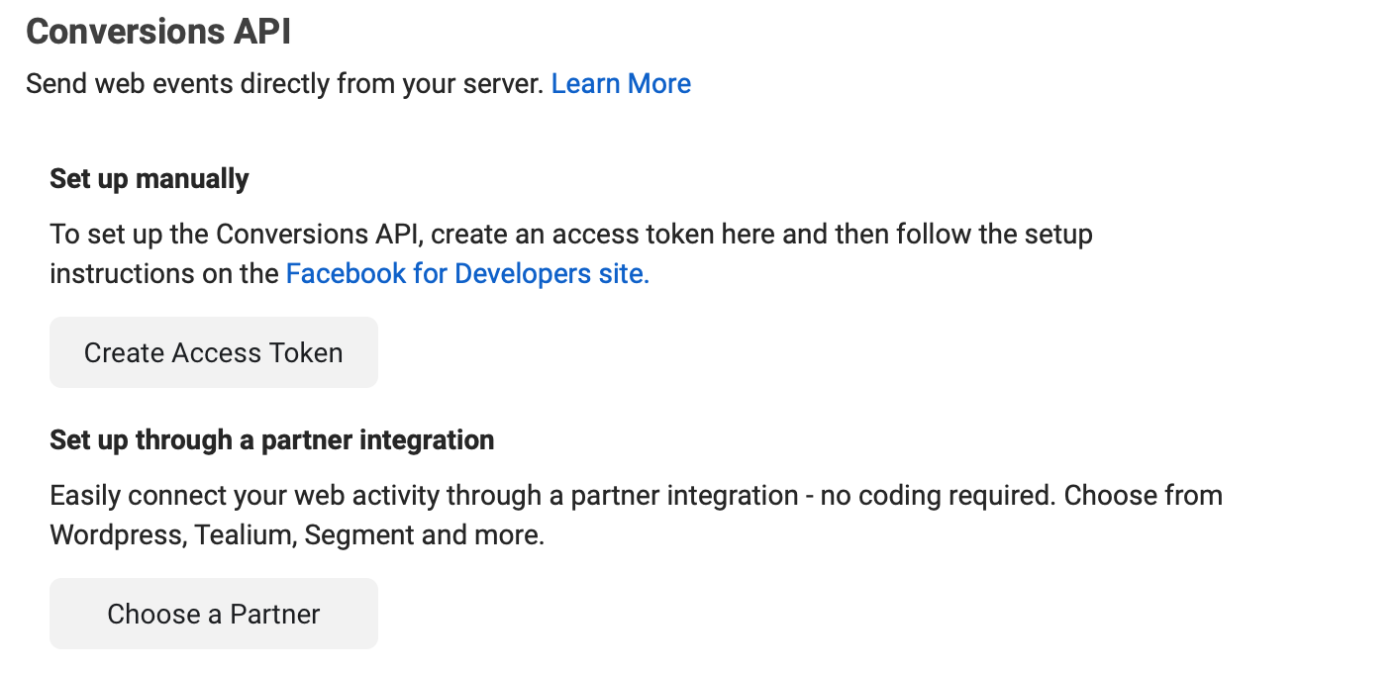 Facebook Conversions API setup options: Set up manually or set up through partner integration