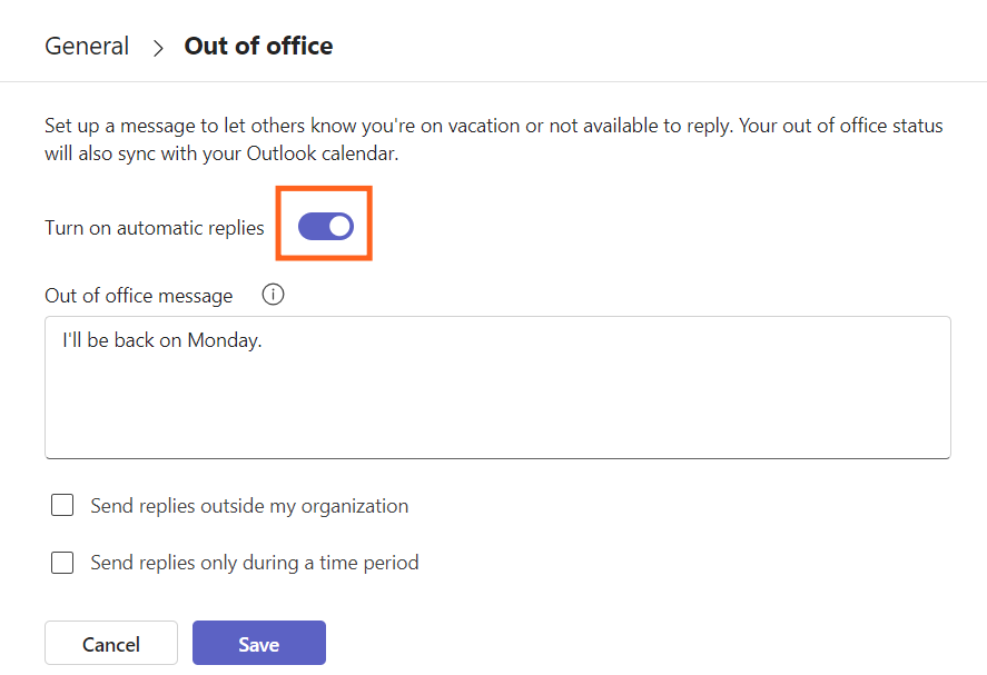 Screenshot of Teams out of office message menu
