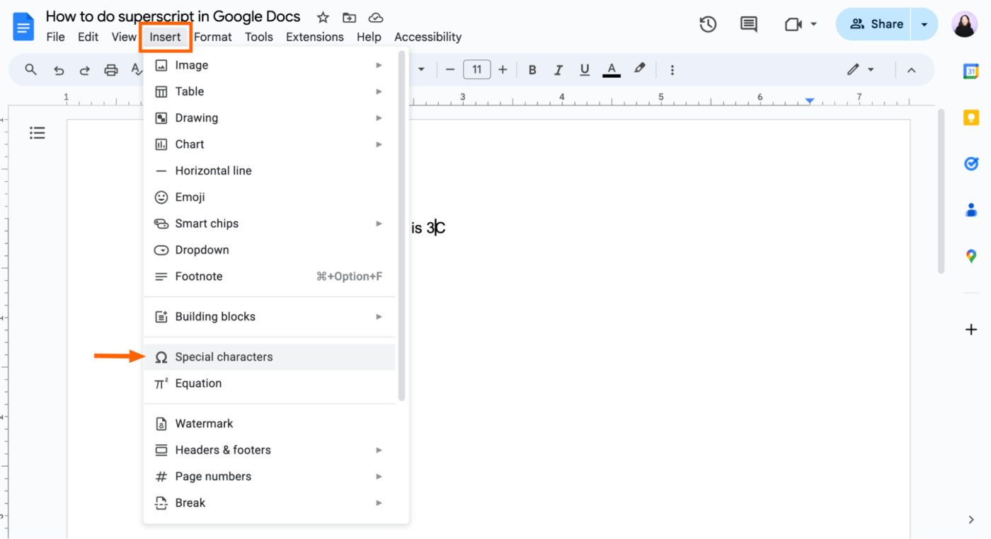 How to insert special characters in Google Docs.