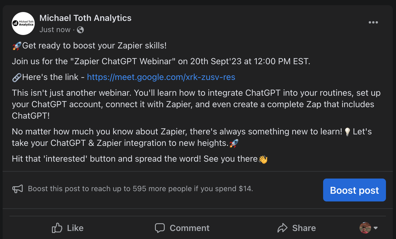 A post on Facebook Pages with event details for a Zapier ChatGPT webinar.