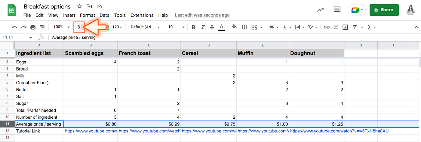 Screenshot of spreadsheet with arrow pointing to the dollar sign button. 