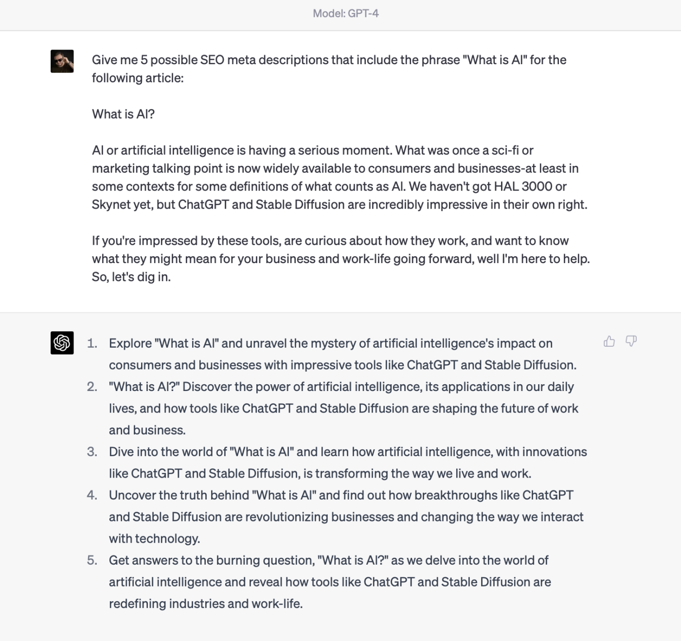Example of ChatGPT, powered by the GPT-4 model, shoehorning the phrase what is AI into an SEO meta description.