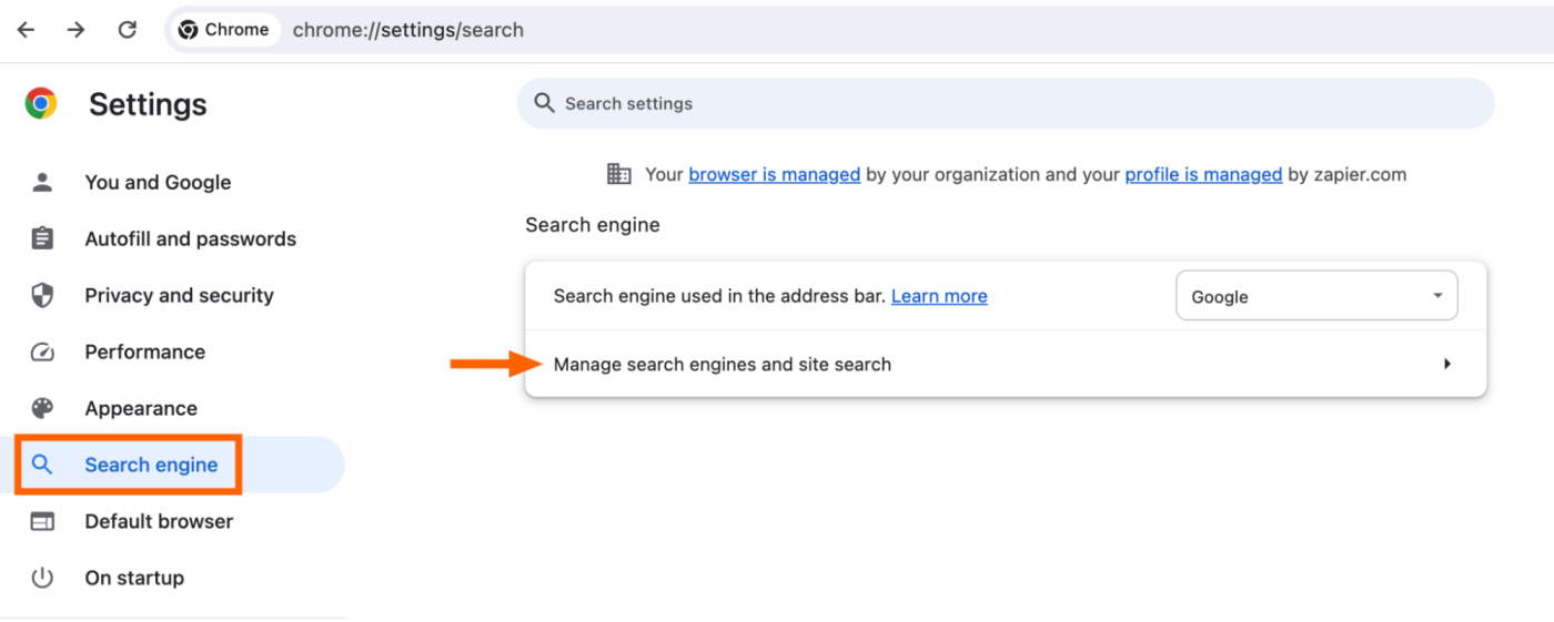 Google Chrome search engine settings.
