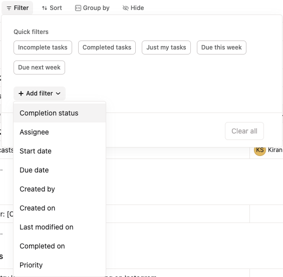 All the filter options in Asana