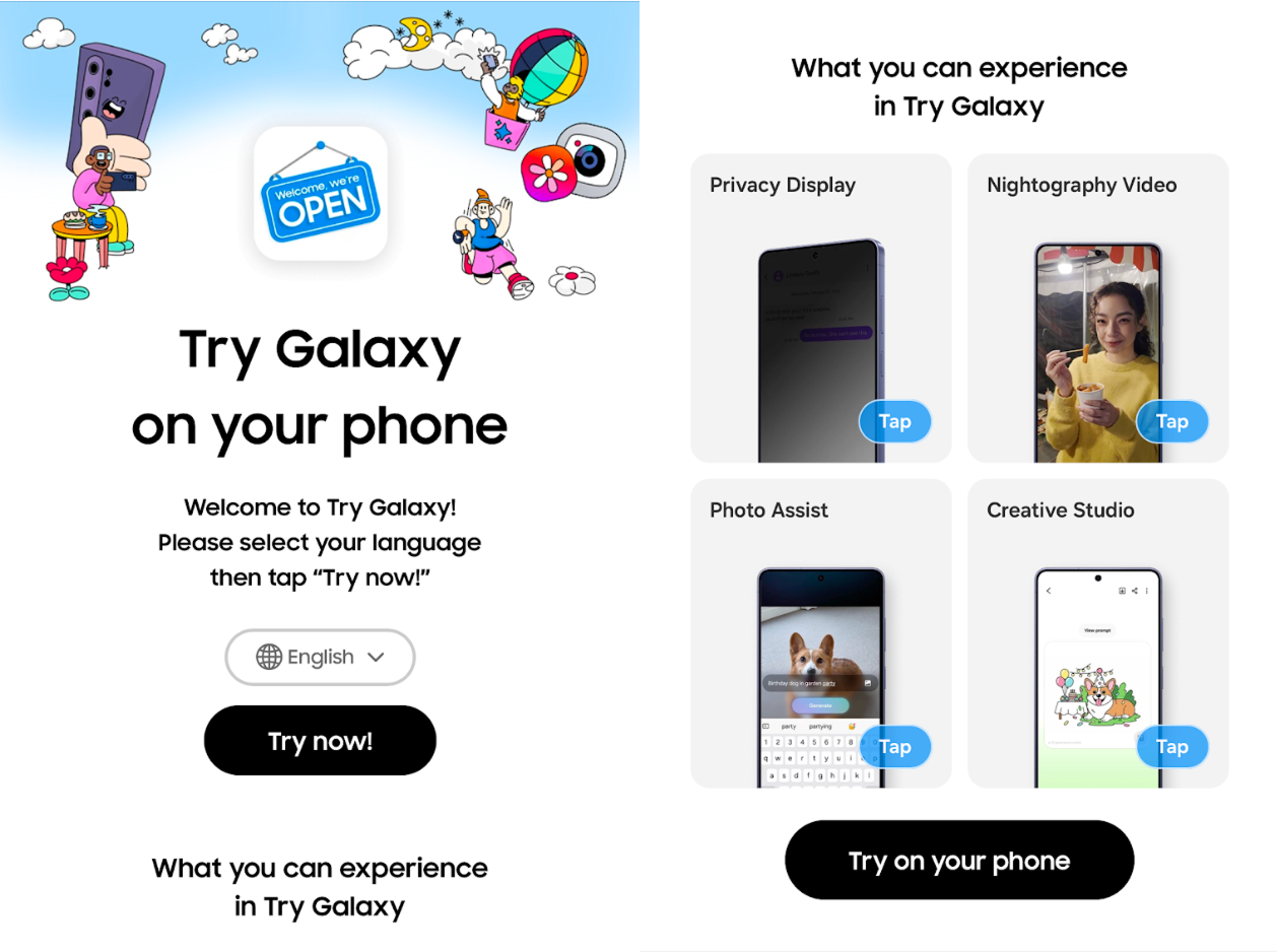 Try Galaxy landing page with a primary CTA to try now, along with an interactive grid of product demos. 