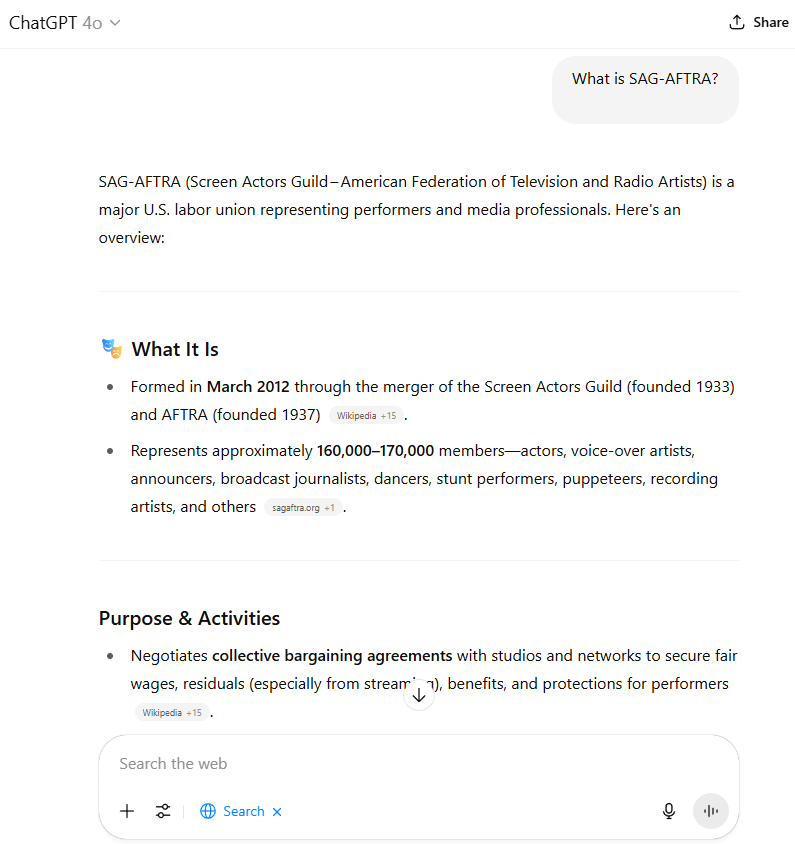 ChatGPT answering the question "What is SAG-AFTRA?"