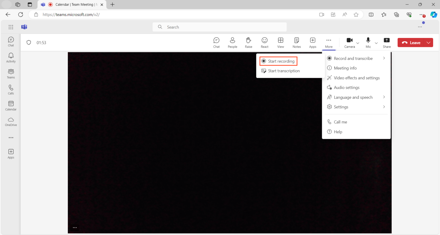 Image showing how to start a Teams recording on browser.
