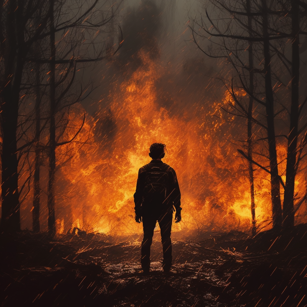 The silhouette of a person in the distance standing among a forest fire