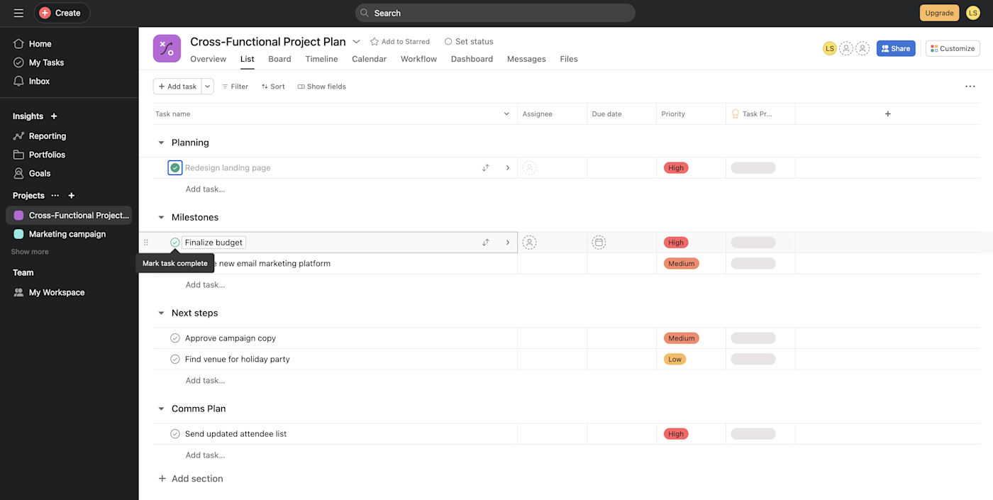 Screenshot of the writer exploring Asana's calendar view