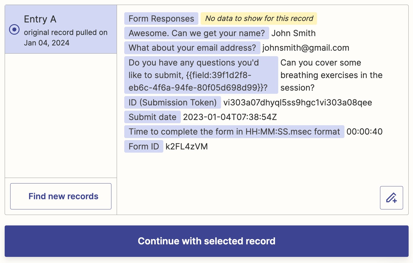 Using sample data in Zapier