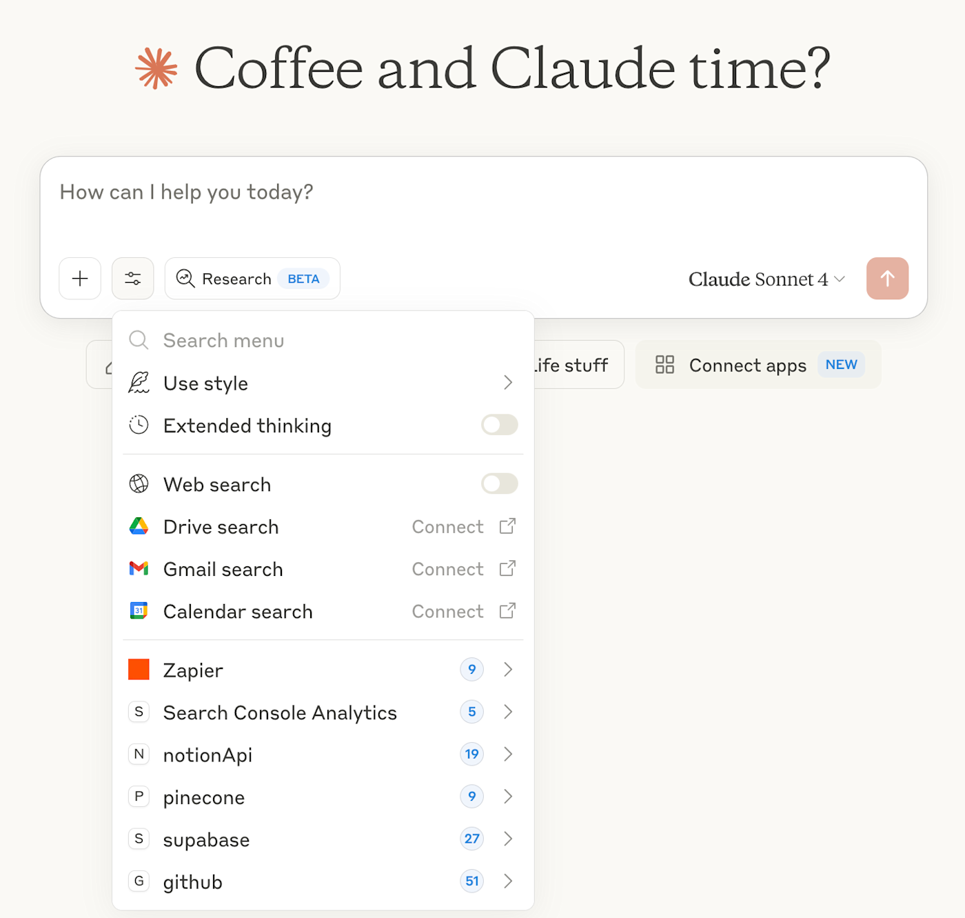 The dropdown of accessible tools in Claude