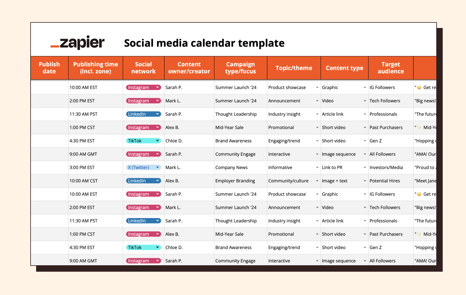 Screenshot of the Zapier social media calendar template