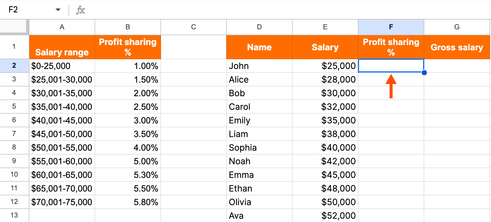 Screenshot of selecting an output field in a Google Sheet.