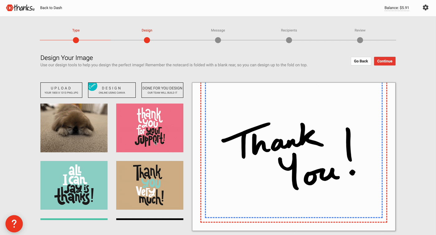 The design portion of customizing a card in the Thanks web app. A cursor scrolls through ten "thank you" card design options.