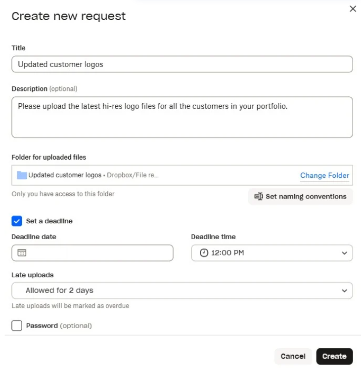 Dropbox file request feature