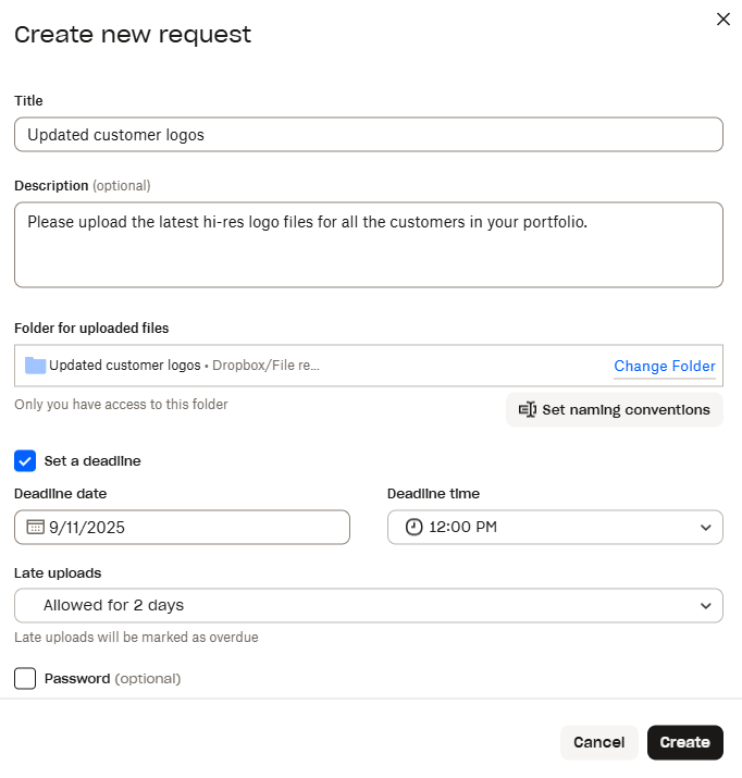 Dropbox file request feature