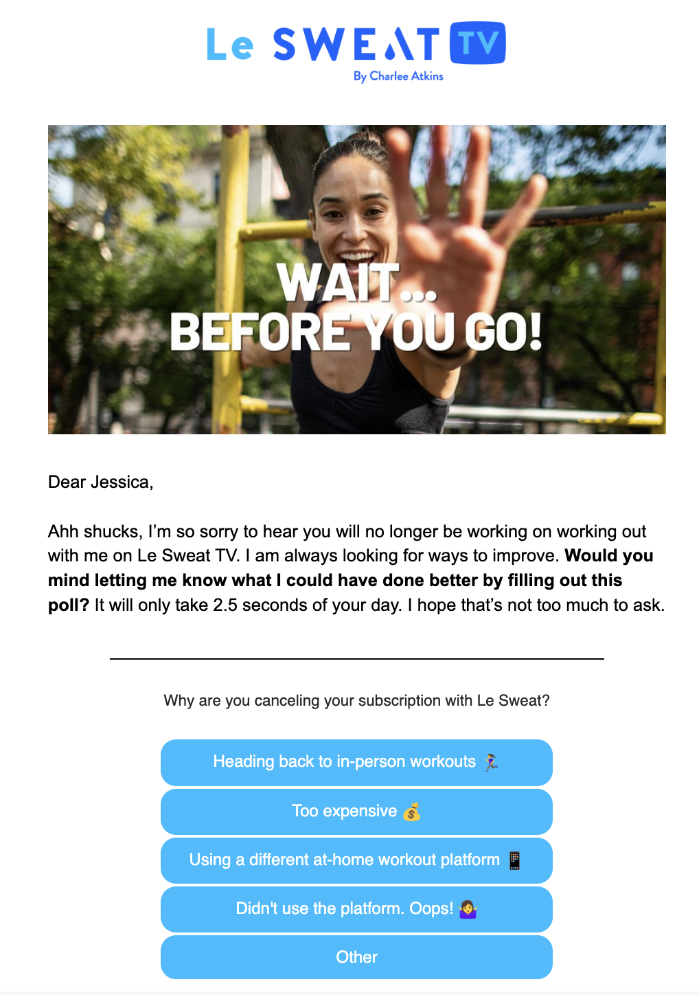 Feedback request email marketing example from the at-home fitness app Le Sweat.