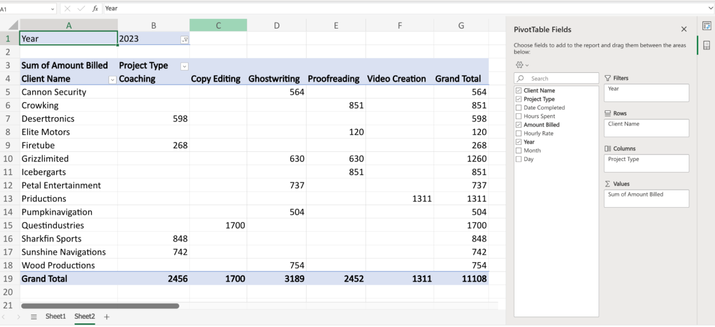 Pivot table in Excel, which answers the question of how much did we bill in 2023 for each client across different project types. 