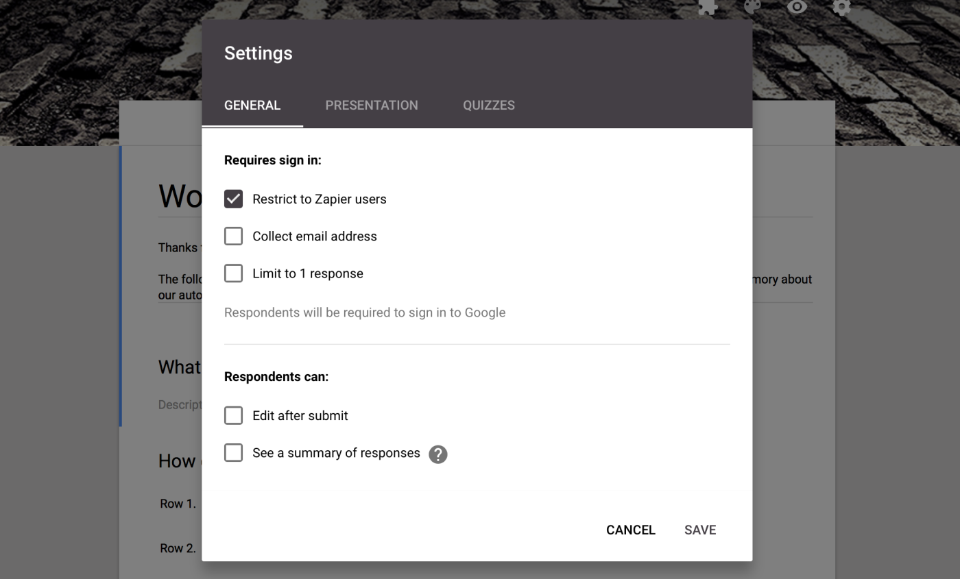 Google Forms Settings