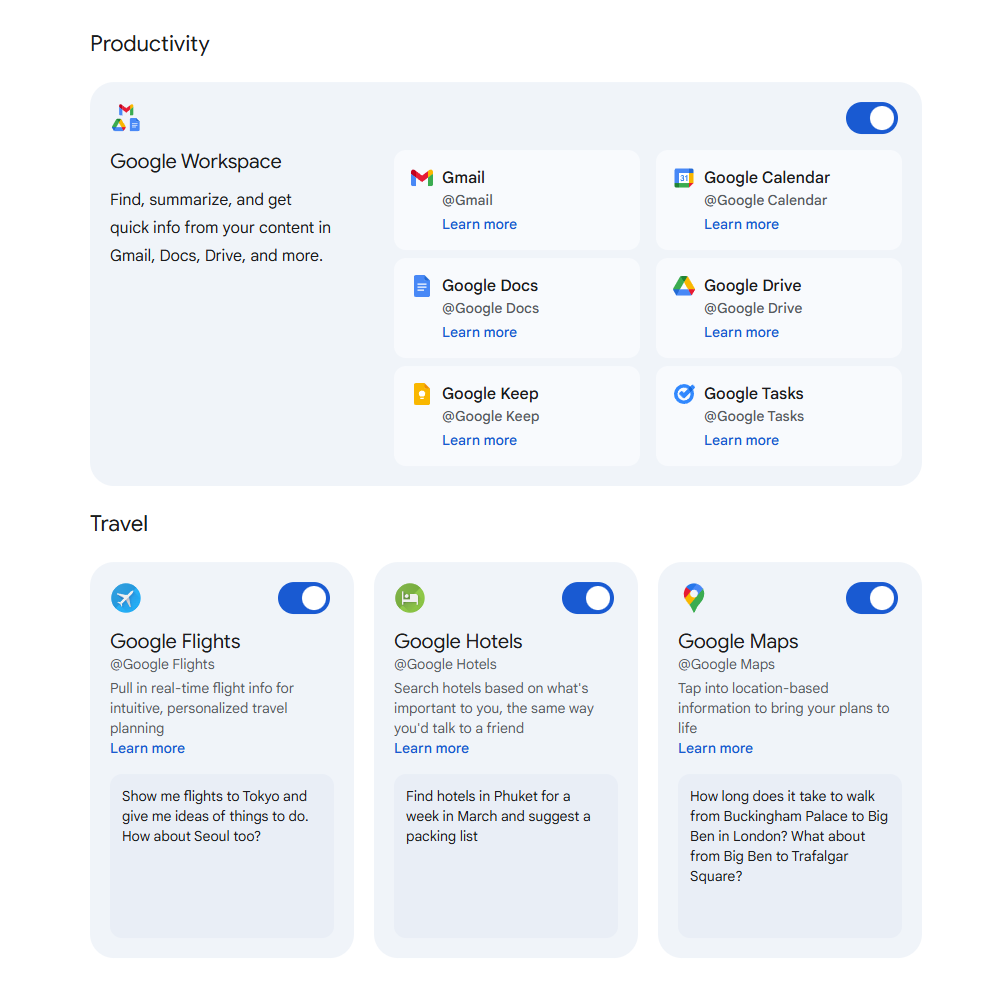 The available Google apps in the Gemini web app