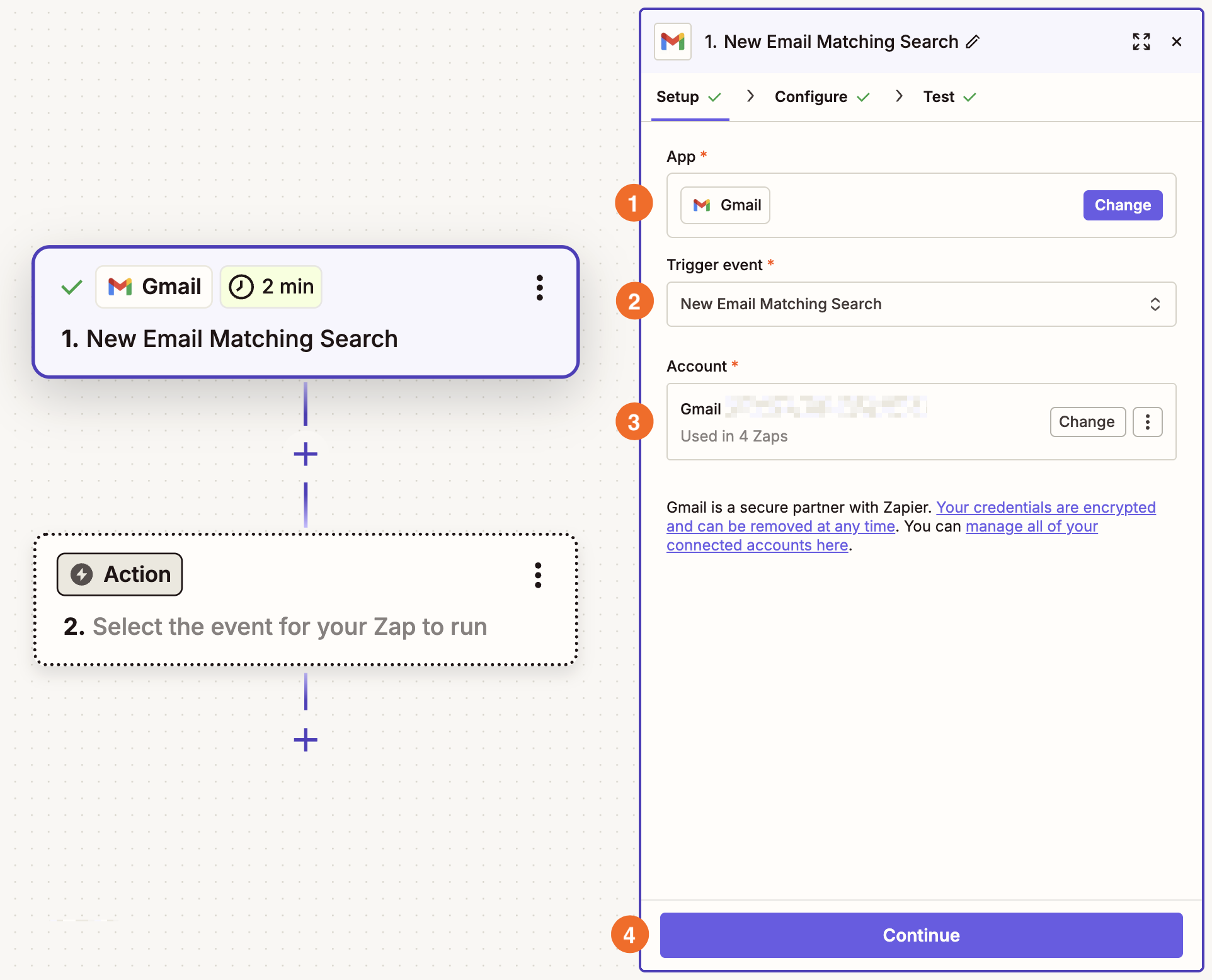 Gmail(새 이메일 일치 검색)은 트리거용 공개 모달과 함께 Zap 편집기, 앱, 트리거 이벤트 및 계정 선택에 대한 필드를 표시합니다.