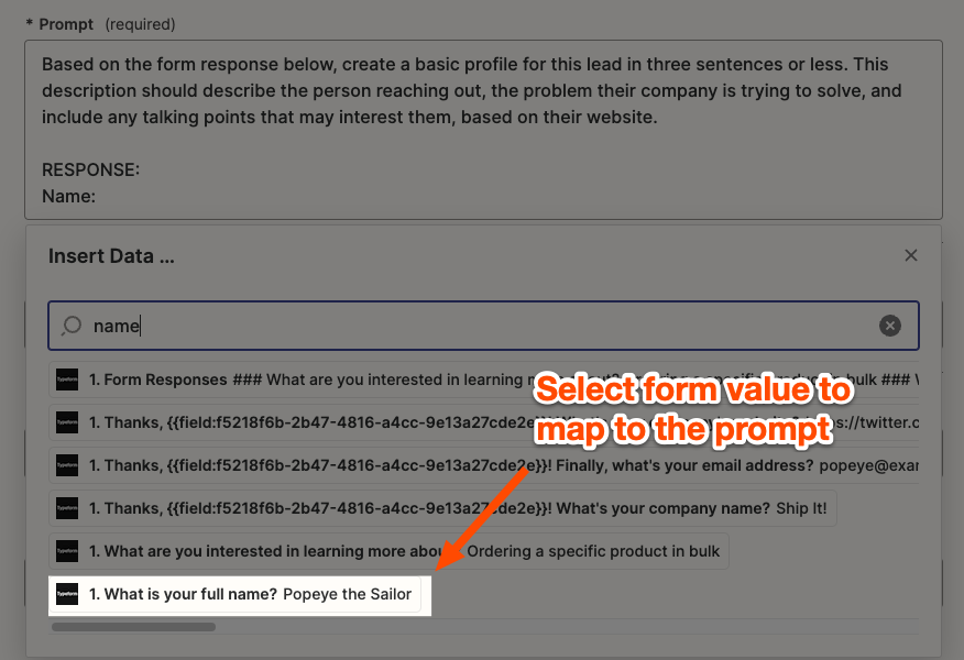 Map trigger data to use in the prompt field.