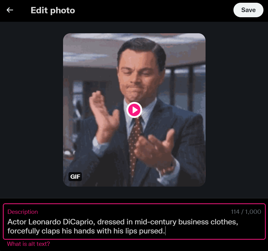 Twitter’s "Edit Photo" window with a GIF of Leonardo DiCaprio clapping in the center. This window offers the option to add an alt text description in the "Description" box at the bottom.