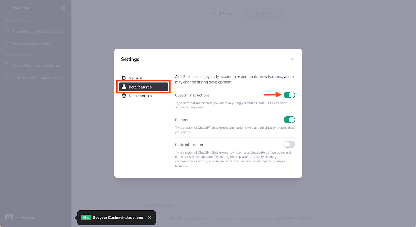ChatGPT -innstillingsvindu med tilpassede instruksjoner Beta -funksjonen er slått på